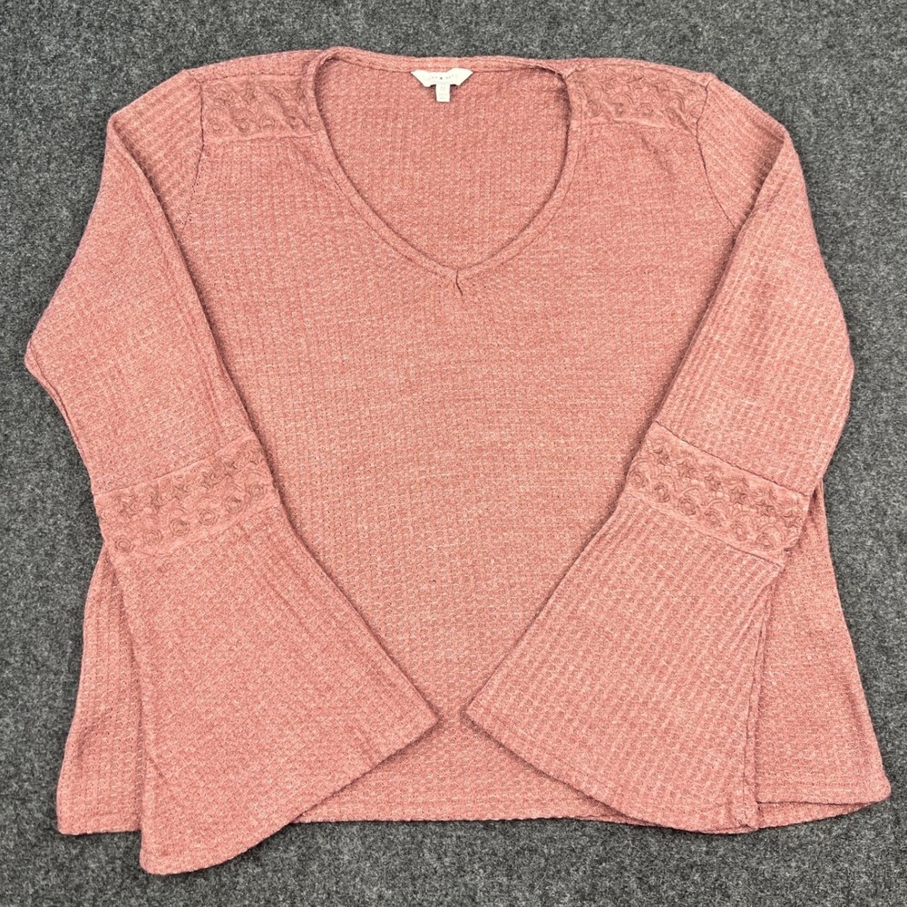 Lucky Brand Womens Mauve Waffle Knit V-Neck Bell Sleeve Embroidered Top Size M